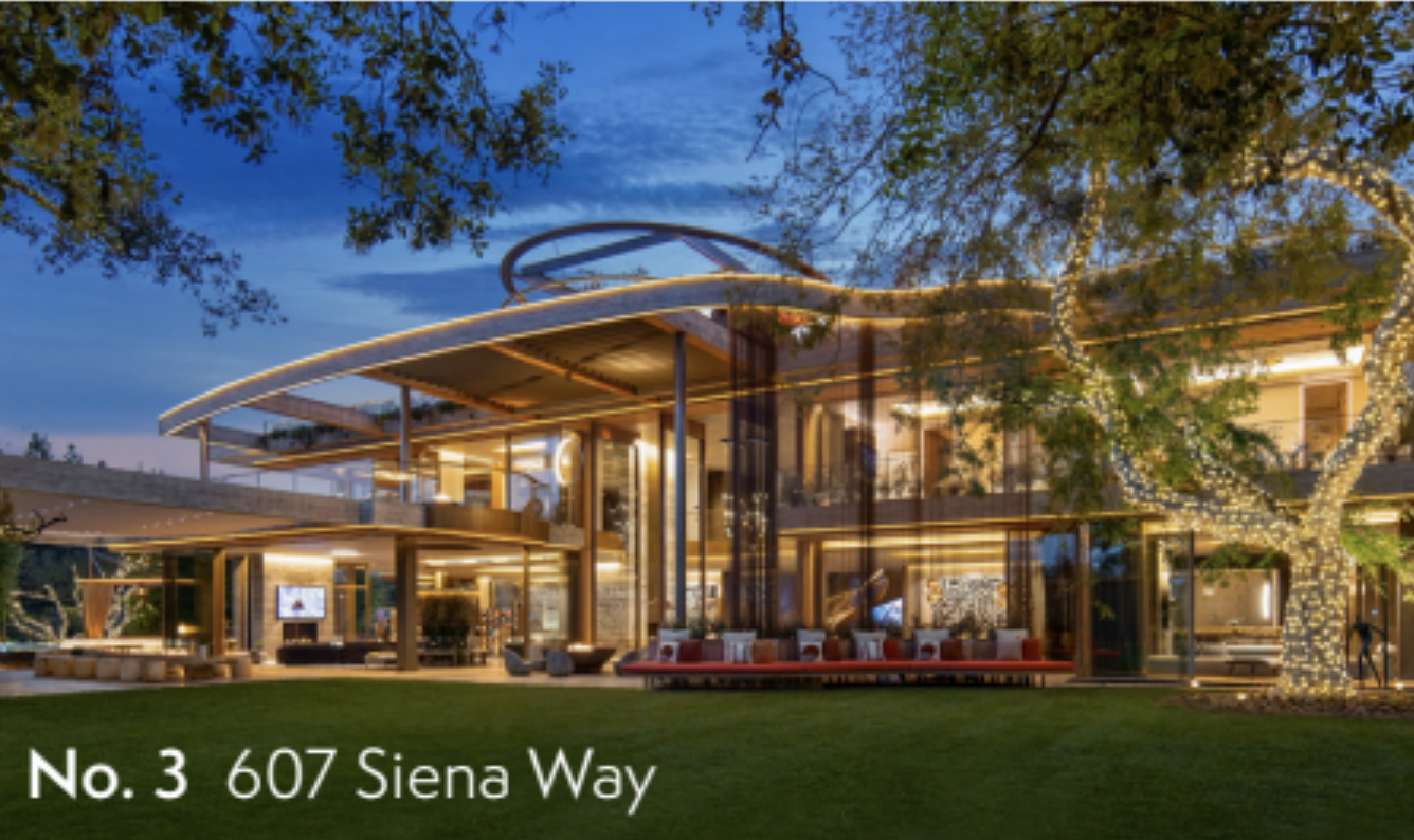 Exterior view of the modern luxury home at 607 Siena Way, illuminated at dusk with warm lighting, open architecture, and expansive glass walls.